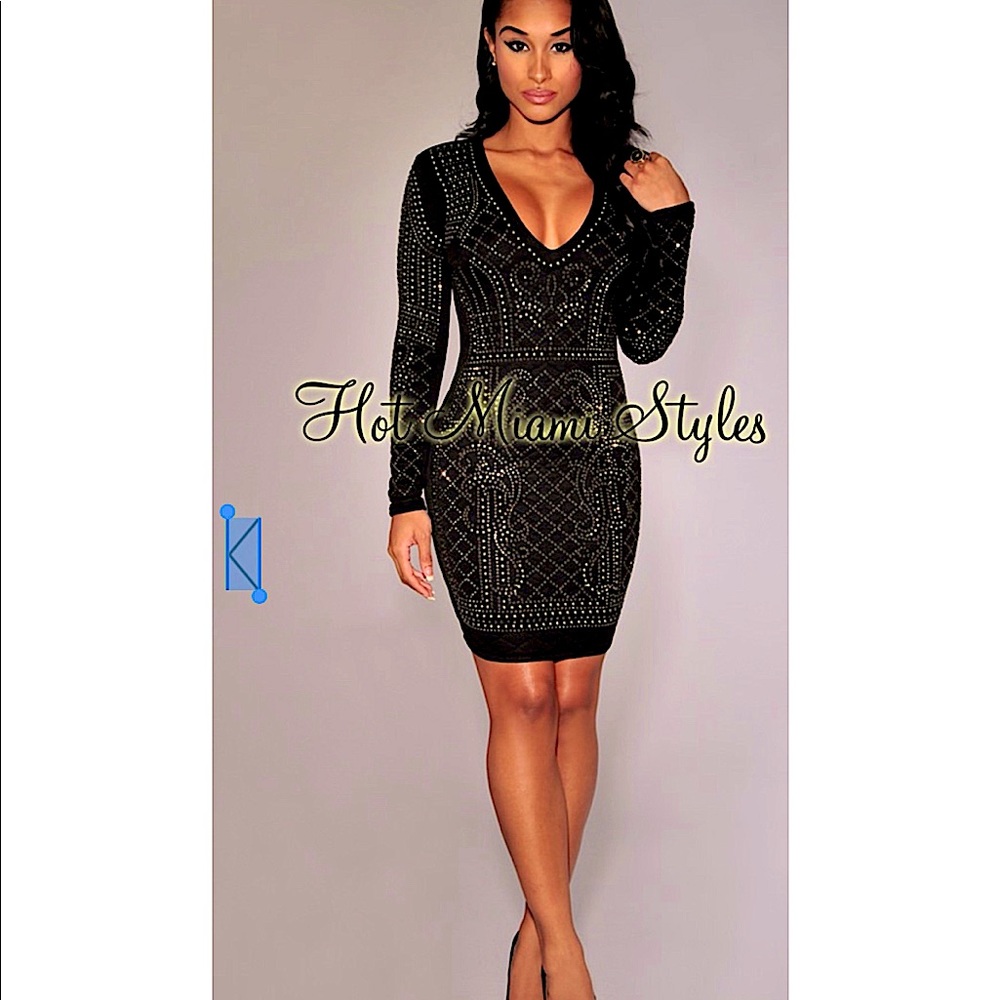 BLACK CHROME STONES QUILTED V NECK DRESS